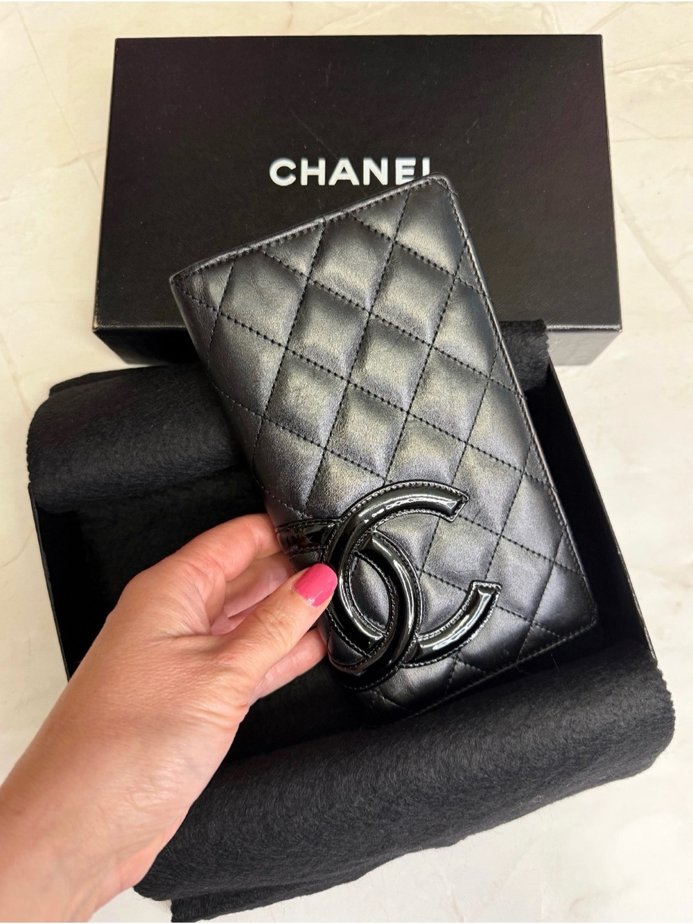 CHANEL Black Quilted Lambskin CC Flap Cambon Wallet with hot pink interior